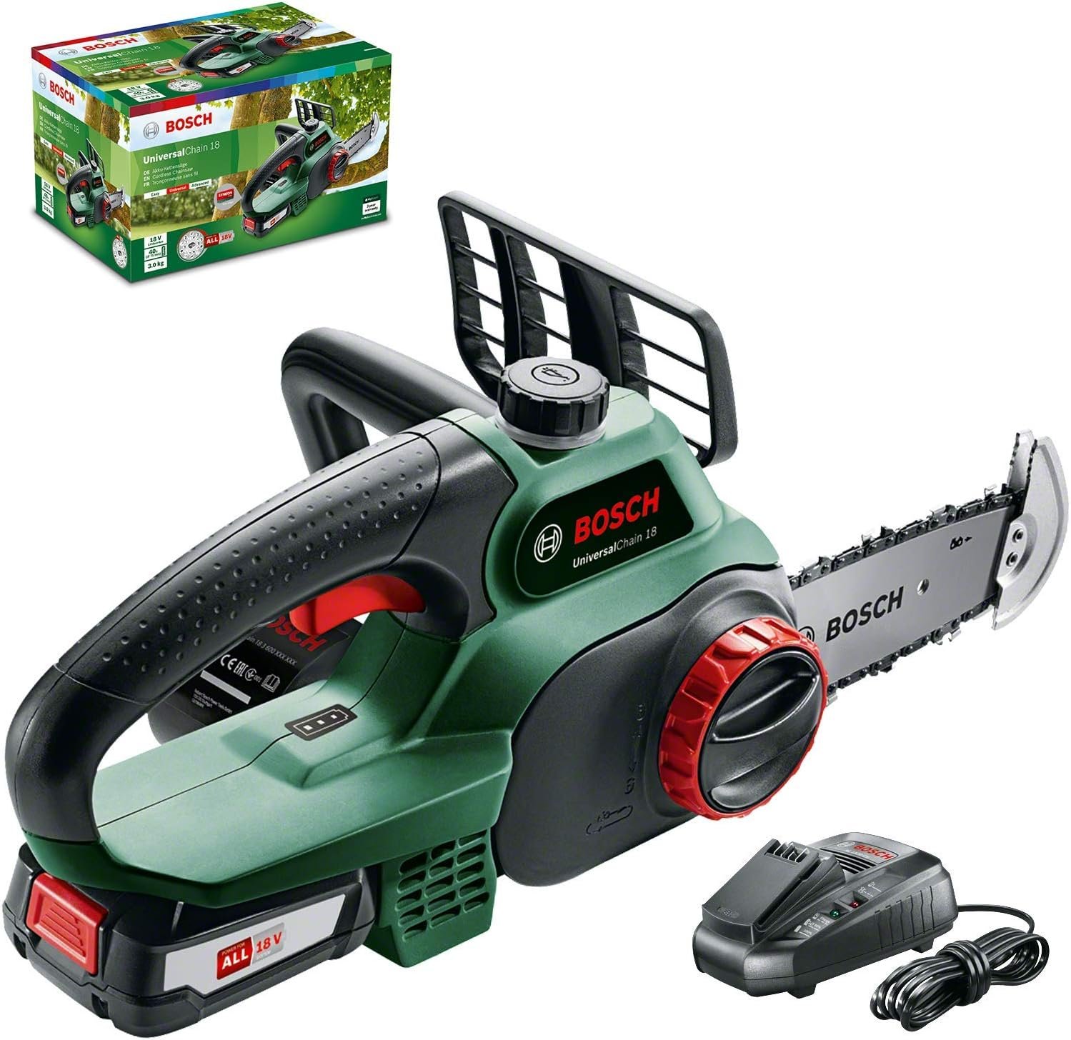Limited-Time Sale for Summer Surprises AED 99د.إ:Bosch Cordless Chainsaw UniversalChain 18 (battery 2.5 Ah, charger, SDS system, blade length: 200 mm, 18 Volt System, in carton...